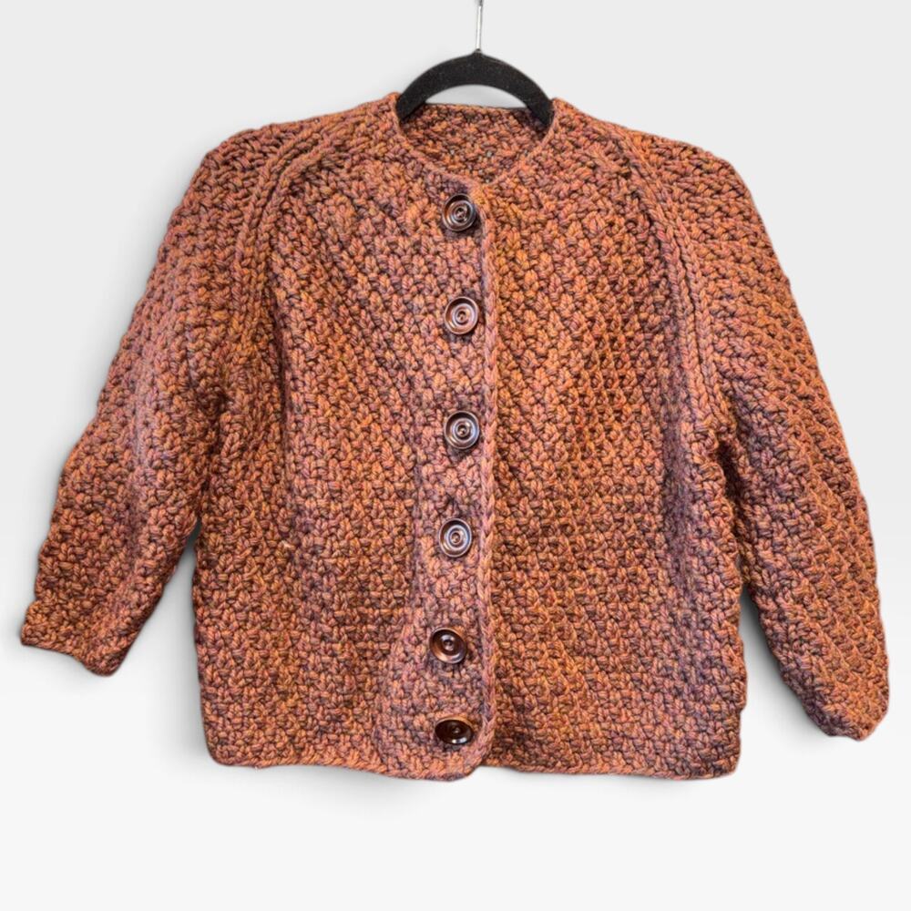Vtg Chunky Wool Cardigan Sweater Wood Buttons Handmade Multicolor Yarn Womens S